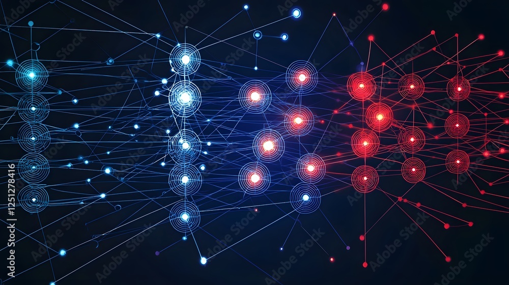 Poster abstract glowing diagram of a complex neural network system with highlighted layer activations and d