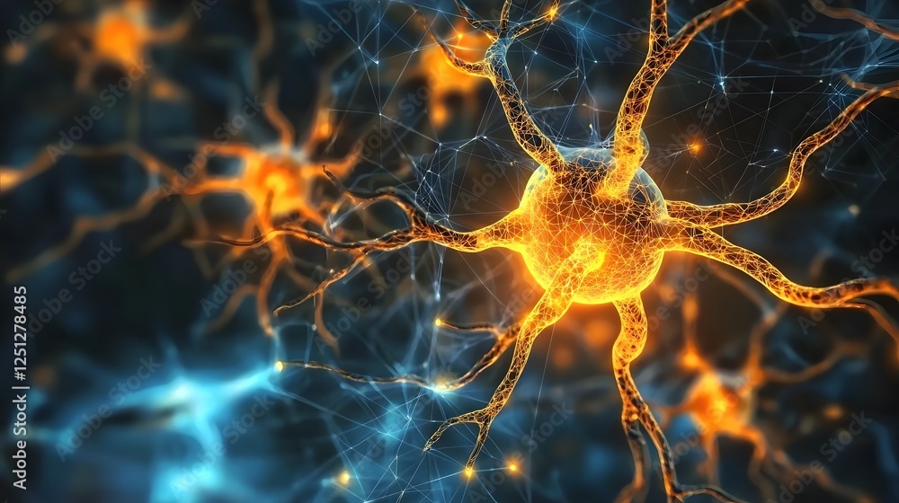 Poster conceptual of a glowing neural network with dynamic electric connections in a minimalist digital des