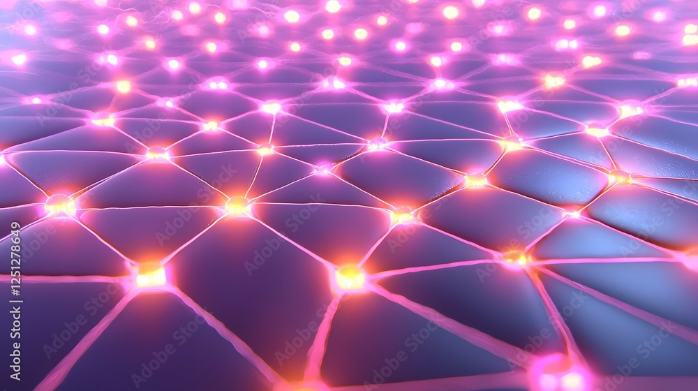 Poster neural network structure visualized as a glowing grid of dynamic digital patterns and connections ab