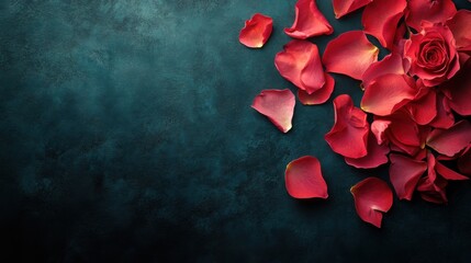 A vibrant rose petal scattered across a dark background, with blank space on the right to place a title or logo.