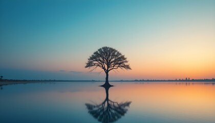 Obraz premium A stunning minimalist landscape featuring a solitary tree and its perfect reflection on a tranquil lake at sunset. A serene and peaceful nature-inspired composition.