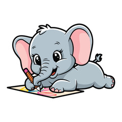 A cute, adorable baby elephant writing witha  book