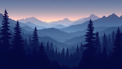 Serene Twilight Mountain Range With Silhouetted Pine Trees