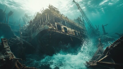 Underwater shipwreck, coral reef, ocean currents, sunlit depths, diving