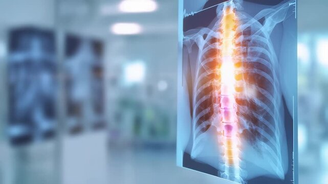 Medical animation revealing painful region in spinal x ray, highlighting vertebral pathology and diagnostic imaging techniques for spine related medical conditions