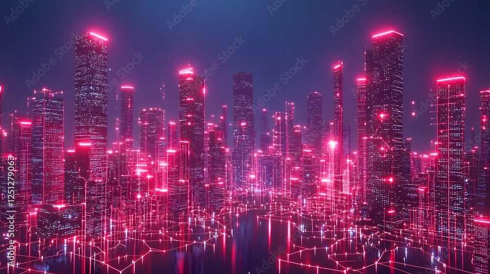 Poster vibrant and futuristic cityscape skyline illuminated by glowing neon lights representing the complex