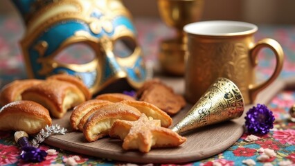 Fototapeta premium Celebrate Purim With Traditional Hamantaschen Cookies, Carnival Mask, and Noisemaker on a Festive Table Setting