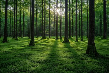 Obraz premium Tranquil Forest Scene with Lush Greenery and Soft Sunlight Filtering Through Tall Trees in a Serene Natural Environment