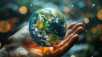A hand gently holding a glowing Earth, with vibrant bokeh lights in the background, symbolizing care for the planet.