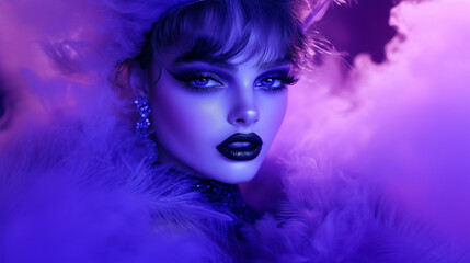 Fototapeta premium Mystical elegance in violet haze: enchanting portrait of a glamorous woman with dramatic makeup, perfect for luxury branding, fashion editorials, and fantasy-inspired visuals