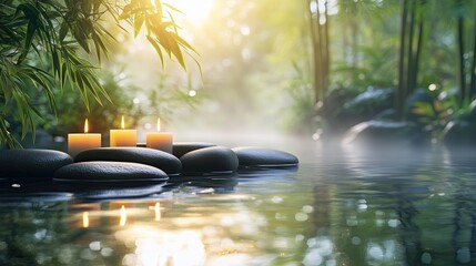 Serene spa music album cover showcasing an arrangement of white orchids, smooth Zen pebbles, and candle