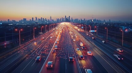 Aerial view of a bustling futuristic city skyline with towering illuminated skyscrapers and a busy multi lane highway filled with traffic at twilight