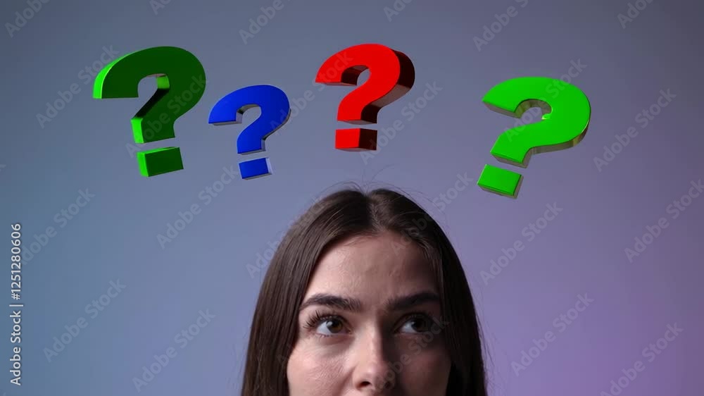 Poster young woman contemplates multiple colorful question marks floating above her head, symbolizing decis