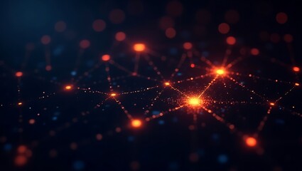 Fototapeta premium Abstract digital network glowing orange and red squares dark blue background