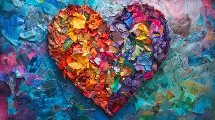 Valentine mockup card minimalist design. Abstract Heart Mosaic of Colorful Art Pieces and Textures in a Vibrant Background Design.