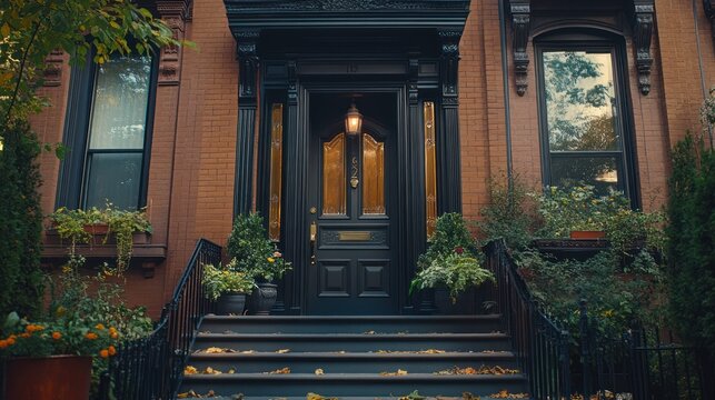 Autumnal brownstone stoop, NYC, fall leaves, inviting entrance, home staging
