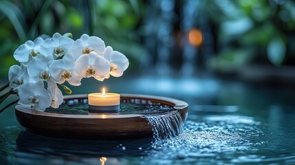 Serene spa music album cover showcasing an arrangement of white orchids, smooth Zen pebbles, and candle