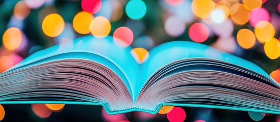 Open book, festive lights backdrop, reading, holiday