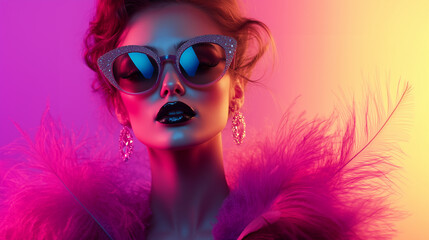 Fototapeta premium Bold and glamorous woman in vibrant pink with luxurious feathers and statement accessories, perfect for high-fashion editorials and luxury branding