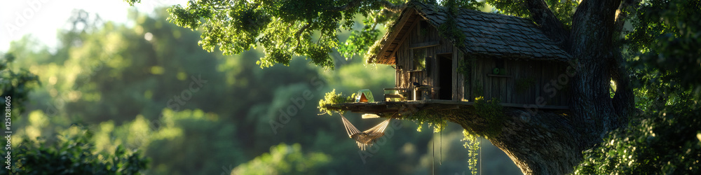 Poster digital rendering of tree house in forest setting
