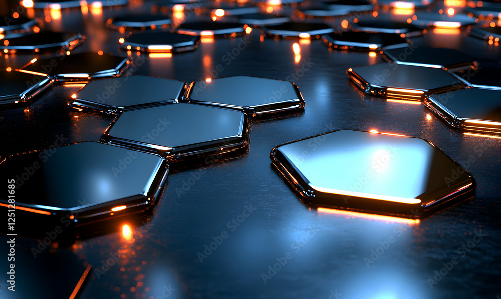 Poster abstract metallic honeycomb pattern with glowing edges, futuristic tech background.