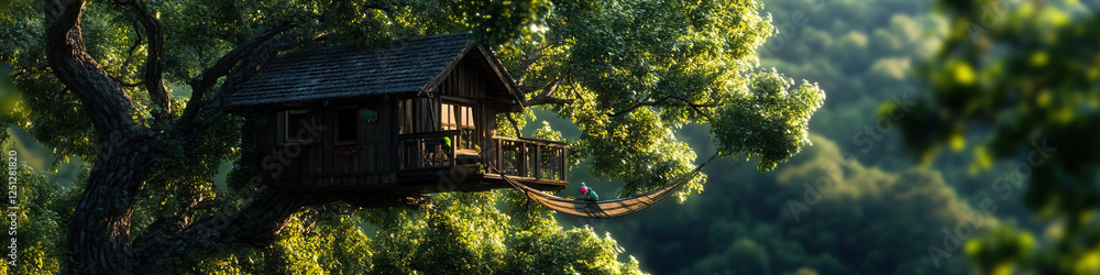 Poster tree house and hammock in forested setting