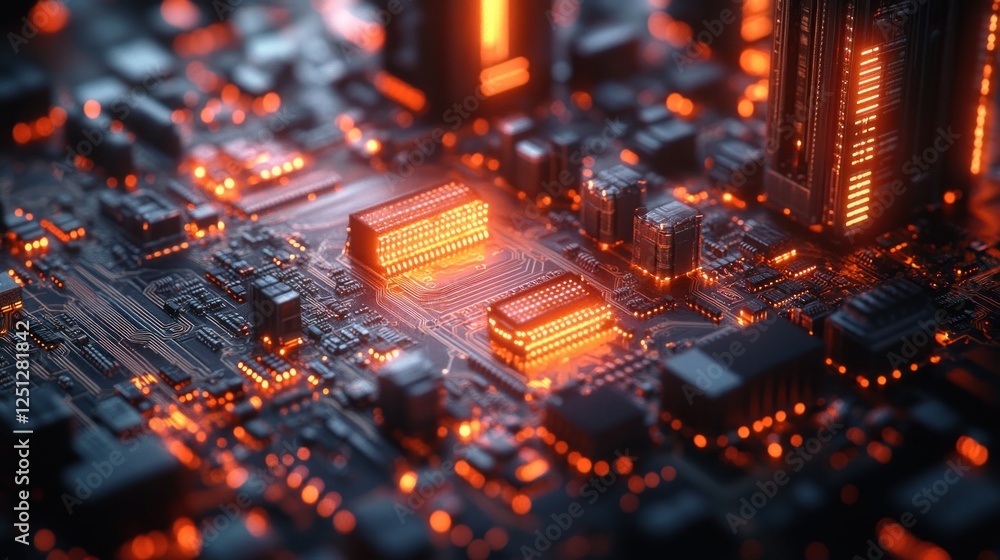 Poster isometric view of a futuristic smart city with neon lights, circuit board architecture and iot techn
