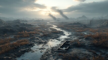 Post-apocalyptic swamp landscape; sunlit stream, broken wood; game background