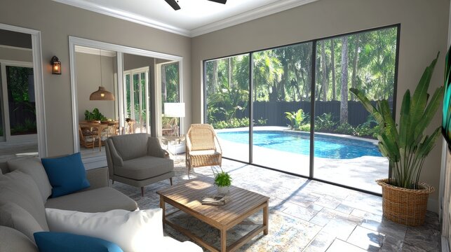 Cozy living room with a seamless transition to an outdoor patio featuring a pool and screened lanai.
