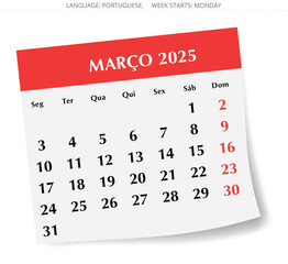 March PORTUGUESE monthly calendar for 2025 year. Vector illustration with paper design for Portugal