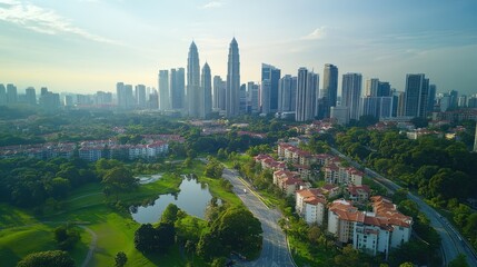 Obraz premium Aerial view Sunrise city skyline, green park, residential area