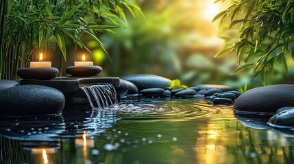 Serene spa music album cover showcasing an arrangement of white orchids, smooth Zen pebbles, and candle