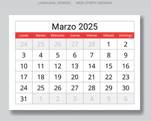 2025 Spanish march monthly calendar - marzo. Vector illustrations for spring month for Spain