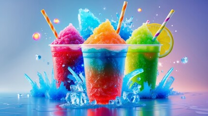 Create a vibrant, mouth-watering poster featuring colorful, refreshing slush drinks. The drinks should be in transparent cups, showcasing their icy texture with small ice crystals and condensation