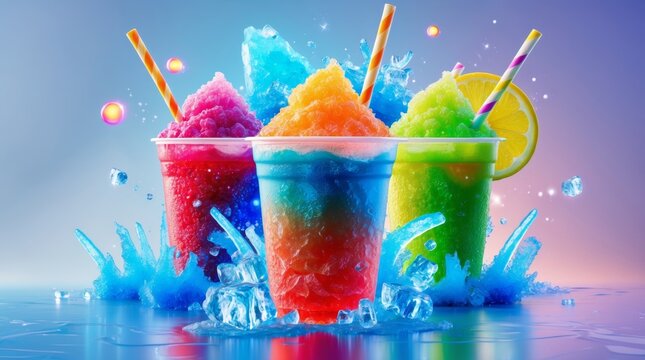 Create a vibrant, mouth-watering poster featuring colorful, refreshing slush drinks. The drinks should be in transparent cups, showcasing their icy texture with small ice crystals and condensation