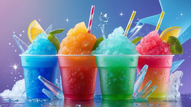 Create a vibrant, mouth-watering poster featuring colorful, refreshing slush drinks. The drinks should be in transparent cups, showcasing their icy texture with small ice crystals and condensation