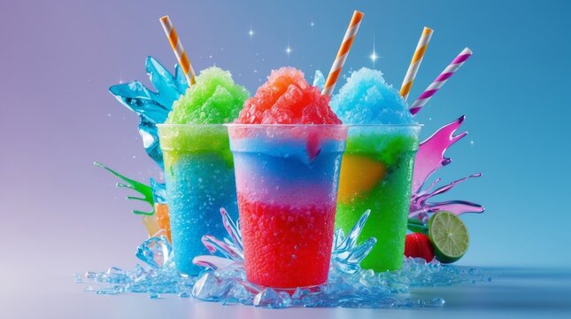 Create a vibrant, mouth-watering poster featuring colorful, refreshing slush drinks. The drinks should be in transparent cups, showcasing their icy texture with small ice crystals and condensation