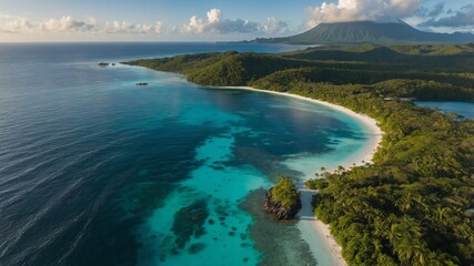 A photorealistic photography of, glitching digital screen, tropical island paradise in the sun, summer fever dream, sun beams, lens flares, the weather is very dark, cloudy, rainy and foggy