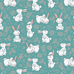 Obraz premium Floral wallpaper with hares. Animal concept. Trendy pattern. Can be used as wallpapers, wrapping paper, cards, etc. Hygge style.