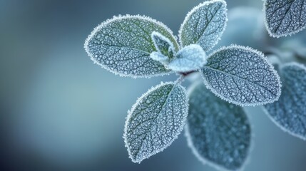 Frosty leaves, winter garden, blurred background, nature photography, seasonal design