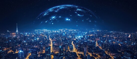 Fototapeta premium Global network over illuminated city at night