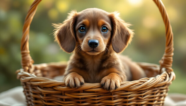 Adorable dachshund puppy sitting in a wicker basket with a cozy, heartwarming atmosphere