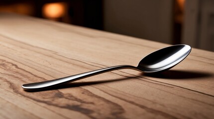 A stainless steel spoon resting on a wooden table. The spoon has a smooth, polished surface, reflecting subtle light, with a sleek and modern design. The table has natural, rustic wood grain pattern