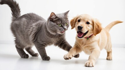 Obraz premium A fluffy grey domestic cat with bright green eyes and a petite pink nose is playfully pouncing on a joyful golden retriever puppy, whose wagging tail and floppy ears convey excitement