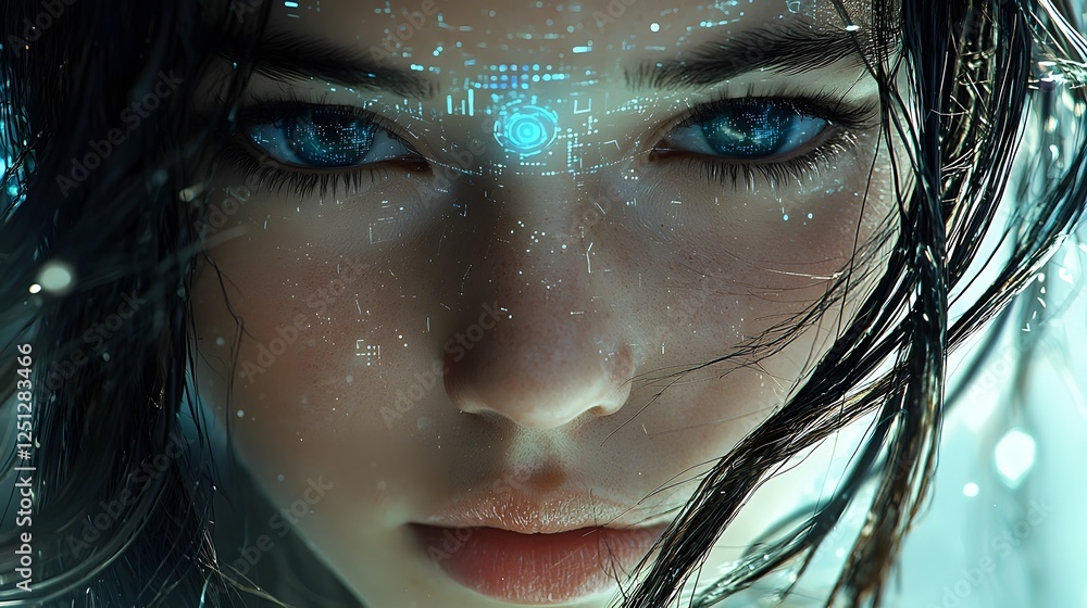 Poster a close up portrait of a captivating female face with a futuristic digital interface hinting at the 