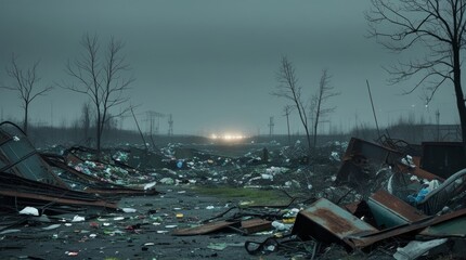 a cinematic, high-contrast photograph of a dystopian landfill scene, set against a bleak, overcast sky, with a predominantly desaturated color palette featuring muted grays, blues, and greens
