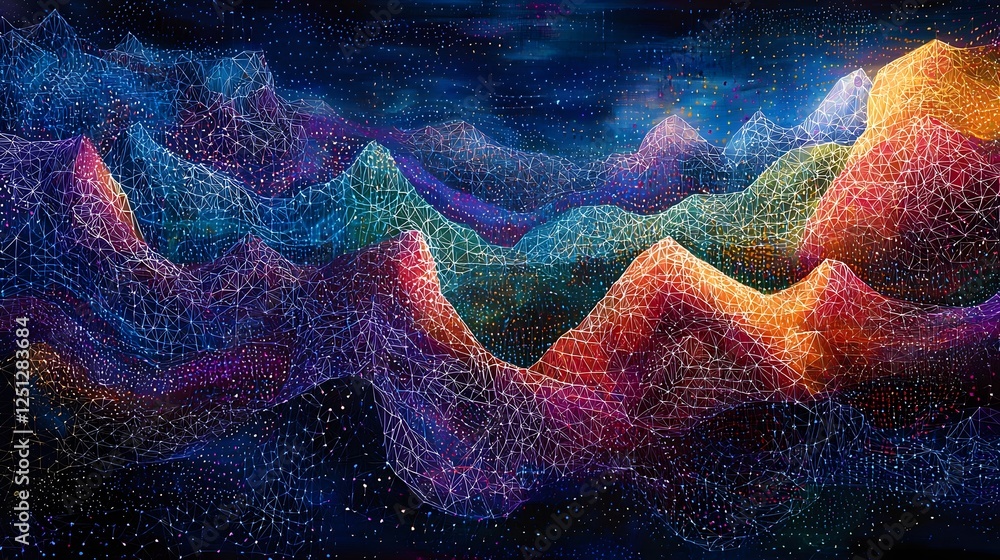 Poster vibrant geometric landscape showcasing the intricate and captivating patterns of deep learning compu