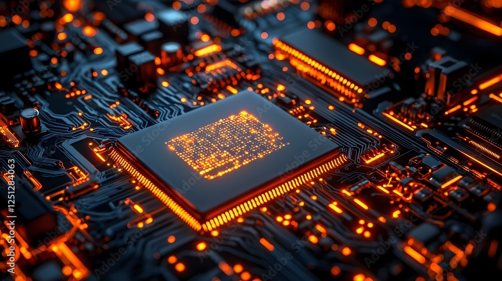 Poster intricate microchip architecture with glowing circuits and components showcasing the advancements in