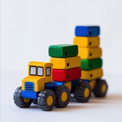 Fototapeta premium Colorful wooden toy truck carrying blocks, white background, child's play, educational toy