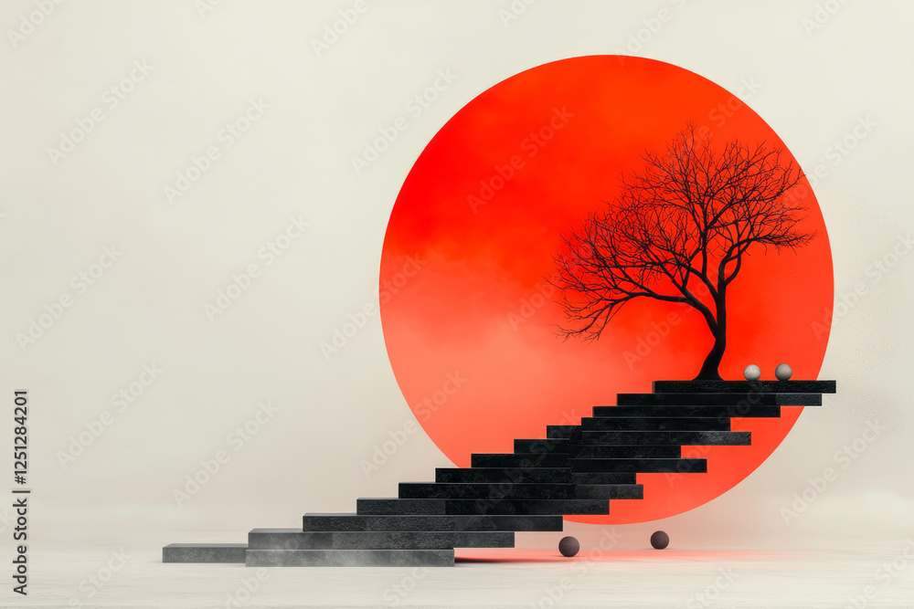 Poster a surreal composition of stacked stone blocks and glowing orbs encircling a fragile tree, set